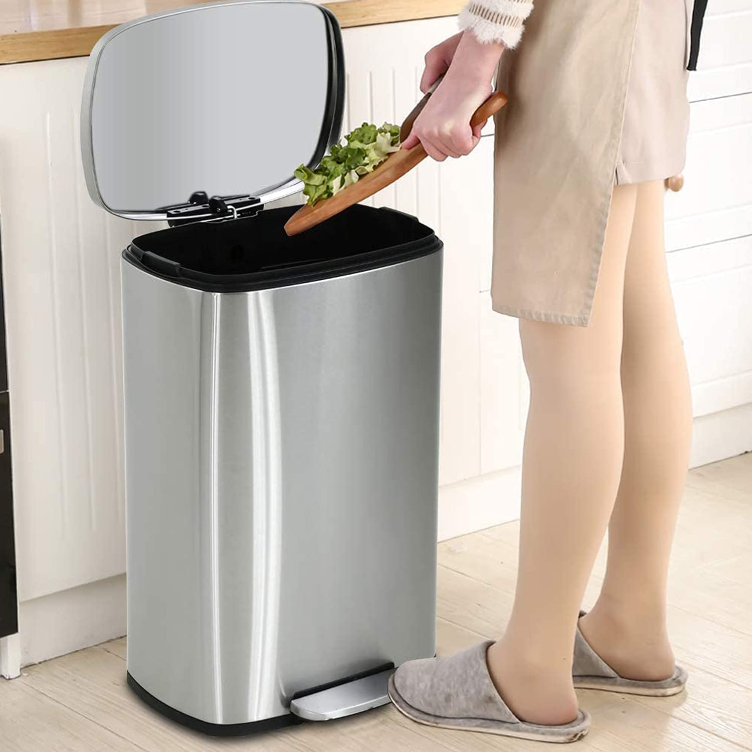 13 Gallon Brushed Stainless Steel Step Trash Can with Soft-Close Lid - 50L High Capacity Kitchen Garbage Bin for Home, Office, Bathroom & Bedroom - Odor Control & Hands-Free Disposal for Modern Living Spaces