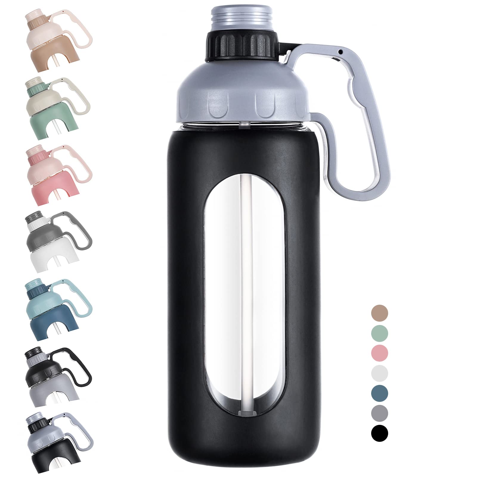 MUKOKO 56oz Glass Water Bottle with Straw & Handle - BPA Free Leakproof for Gym, Work & Outdoor