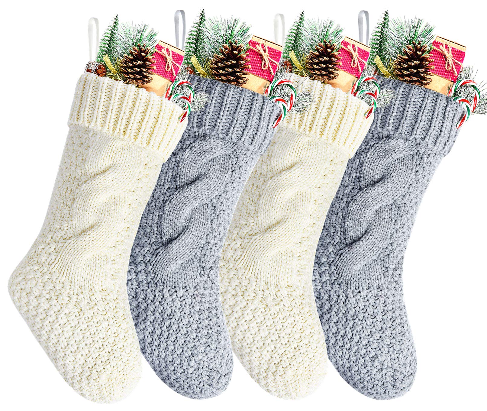 4-Pack Ivory White & Gray Knit Christmas Stockings 14