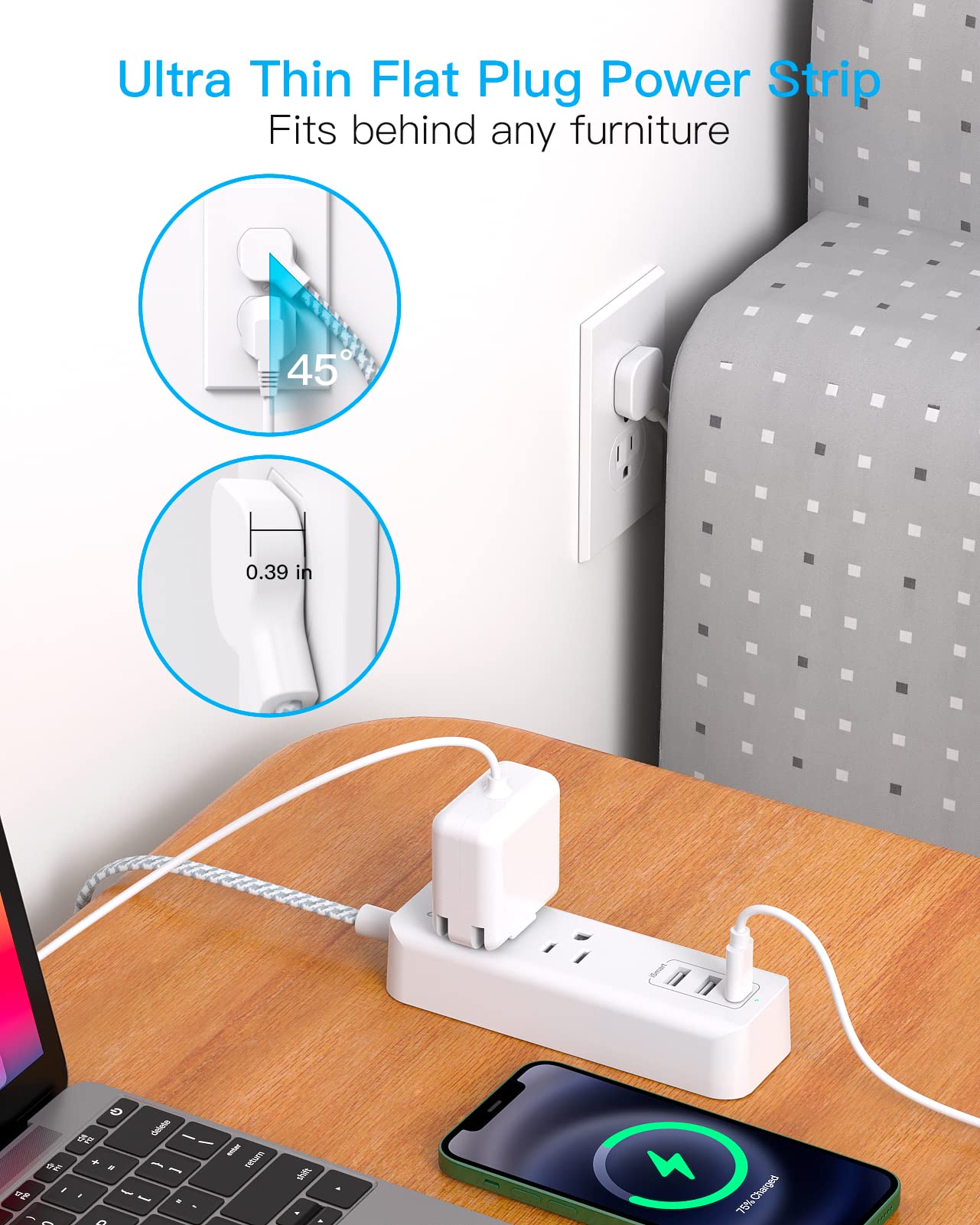USB C Travel Power Strip with 2 Outlets & 3 USB Ports (1 USB C) - 5ft Flat Plug Extension Cord, Compact Charging Station for Cruise Ships, Hotels, Home & Office Use | Cruise Travel Essentials