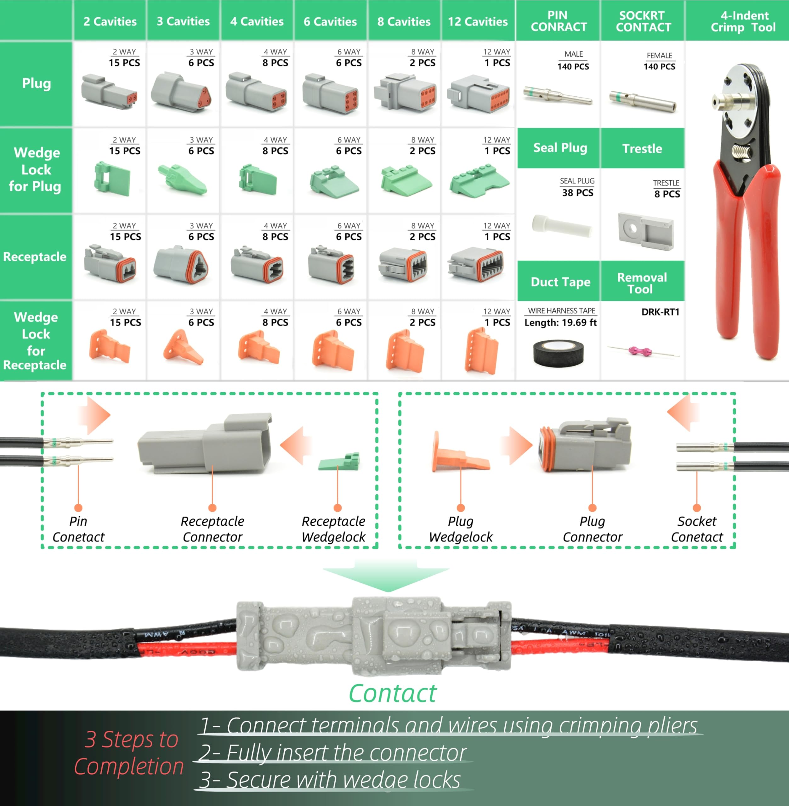 482 PCS DT Deutsch Connector Kit - 2 3 4 6 8 12 Pin Waterproof Automotive Electrical Connectors with Crimping & Removal Tools, 16# Solid Contacts for Car, Truck, RV & Marine Wiring Repairs