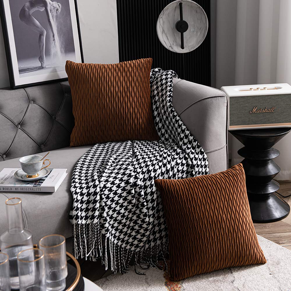 DEZENE Light Brown Throw Pillow Covers - 2 Pack 24x24 Inch Soft Velvet Square Cushion Cases with Classic Stripe Design for Farmhouse Sofa, Living Room Decor & Cozy Home Accents