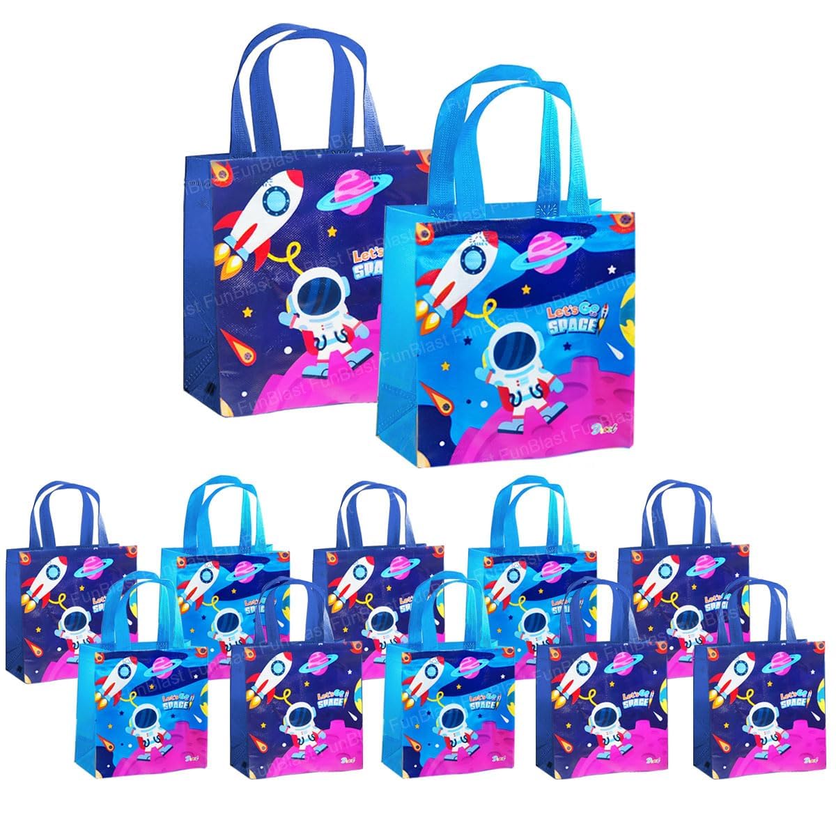 FunBlast 12-Pack Reusable Non-Woven Space Themed Gift Bags - Eco-Friendly Party Favors, Birthday Return Gifts, Kids Goodie Bags for Birthdays, Baby Showers & School Events