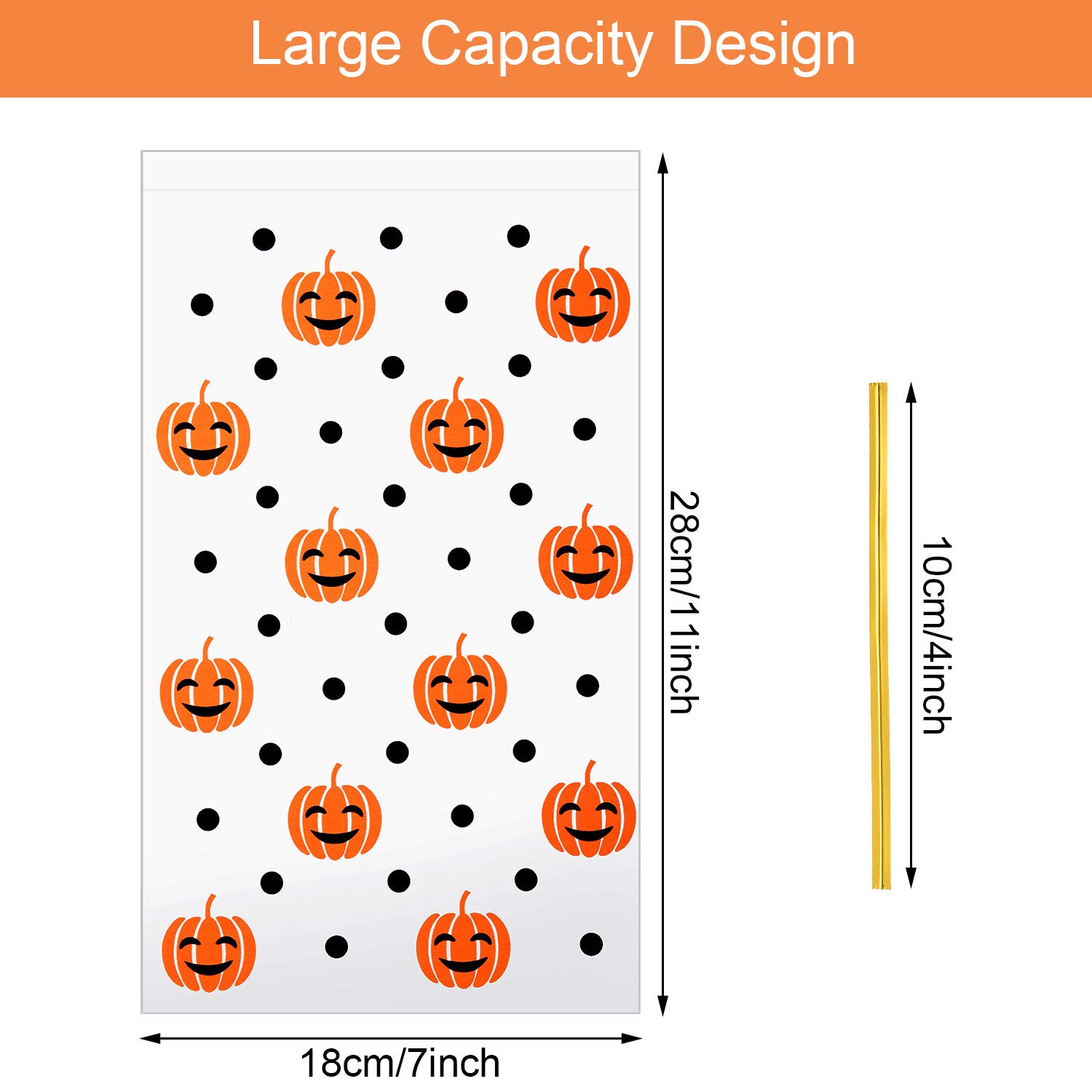 Halloween Pumpkin Print Cone Cellophane Bags - 100 Heat Sealable Treat Bags with Golden Twist Ties for Candy, Party Favors & Gift Giving - Perfect for Trick-or-Treat, Halloween Parties & Classroom Treats