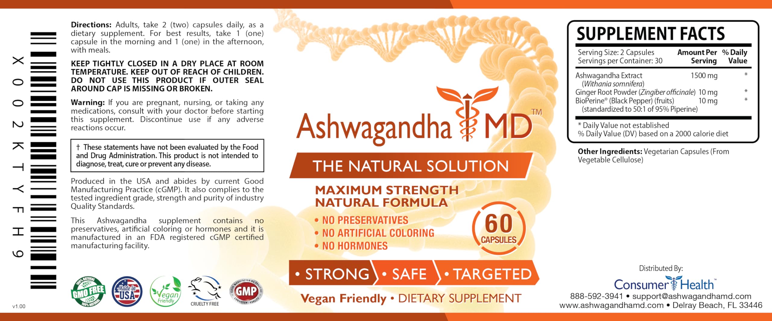 Organic Ashwagandha MD™ with Ginger & Bioperine Supplement - 1500mg per Serving, Stress Relief, Mood Enhancer & Sleep Aid - Vegan Friendly, 60 Capsules (3 Bottles) - Perfect for Daily Wellness & Nighttime Relaxation