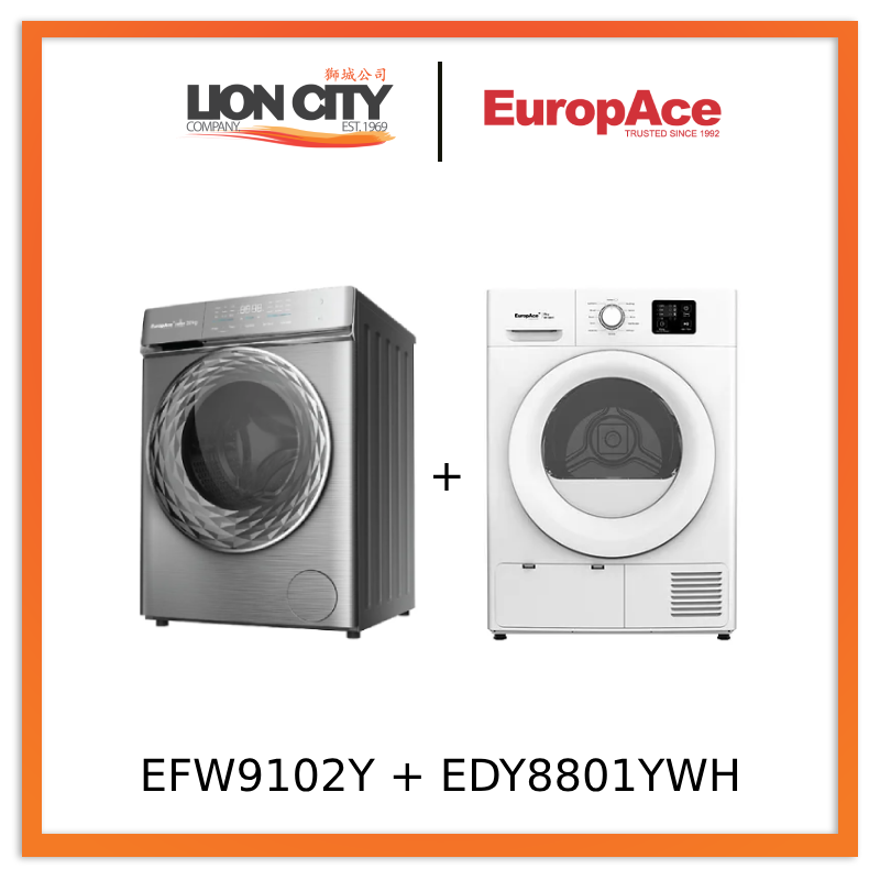 EuropAce EFW 9102Y 10kg Front Load Washer & EDY8801YWH Heat Pump Dryer Combo - Energy Efficient Laundry Set for Apartments & Small Homes