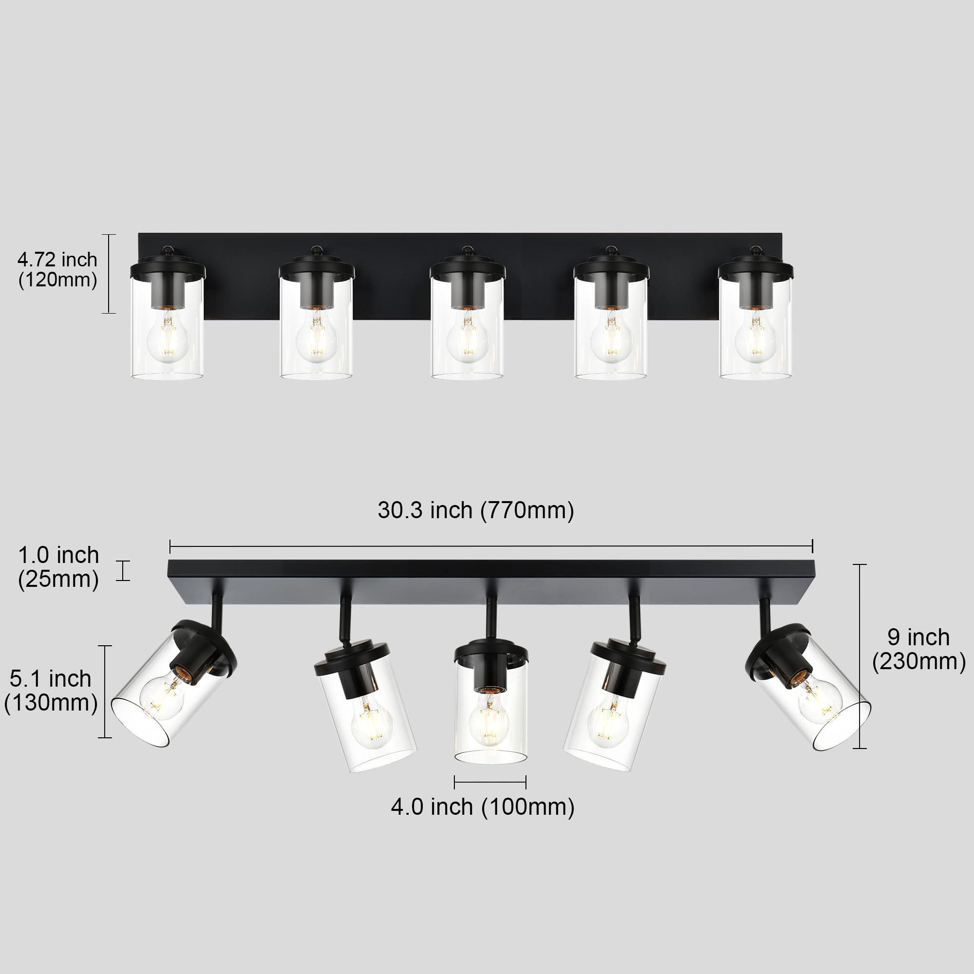 BONLICHT 5-Light Black Track Lighting Kit - Modern Semi Flush Mount Ceiling Spot Lights Fixture with Clear Glass Shade - Industrial Vanity Light for Bathroom, Kitchen, Living Room & Bedroom - Perfect for Home, Office and Commercial Spaces