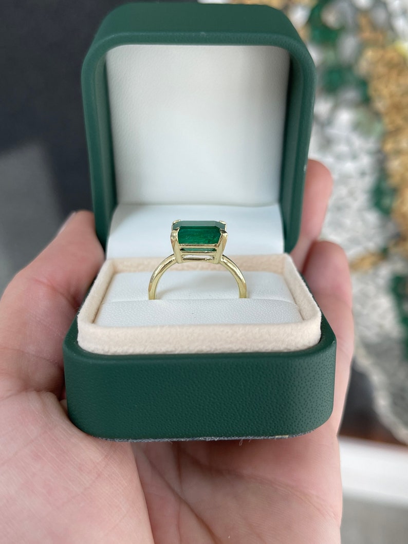 4.50ct Natural Emerald Cut Dark Forest Green East to West 14K Gold Solitaire Ring – Elegant Four Prong Setting for Engagement, Wedding & Anniversary Gifts