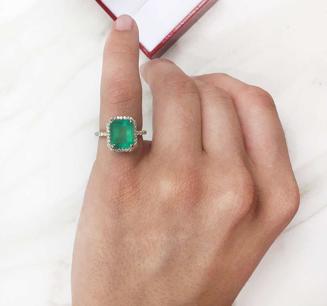 3.20tcw Emerald and Diamond Halo Engagement Ring - 14K Gold Emerald Cut Wedding Ring for Women, Perfect for Proposals, Anniversaries & Bridal Jewelry