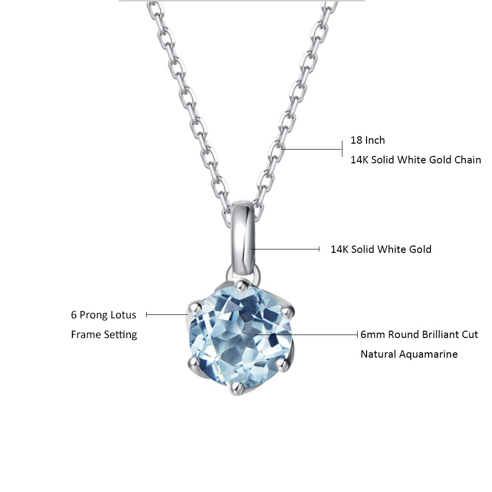 14K Solid White Gold Genuine Aquamarine Solitaire Pendant Necklace for Women - March Birthstone Jewelry, Dainty Fine Necklace for Anniversary, Birthday, Mother's Day Gifts for Wife, Mom, Her - Perfect for Weddings, Parties & Special Occasions