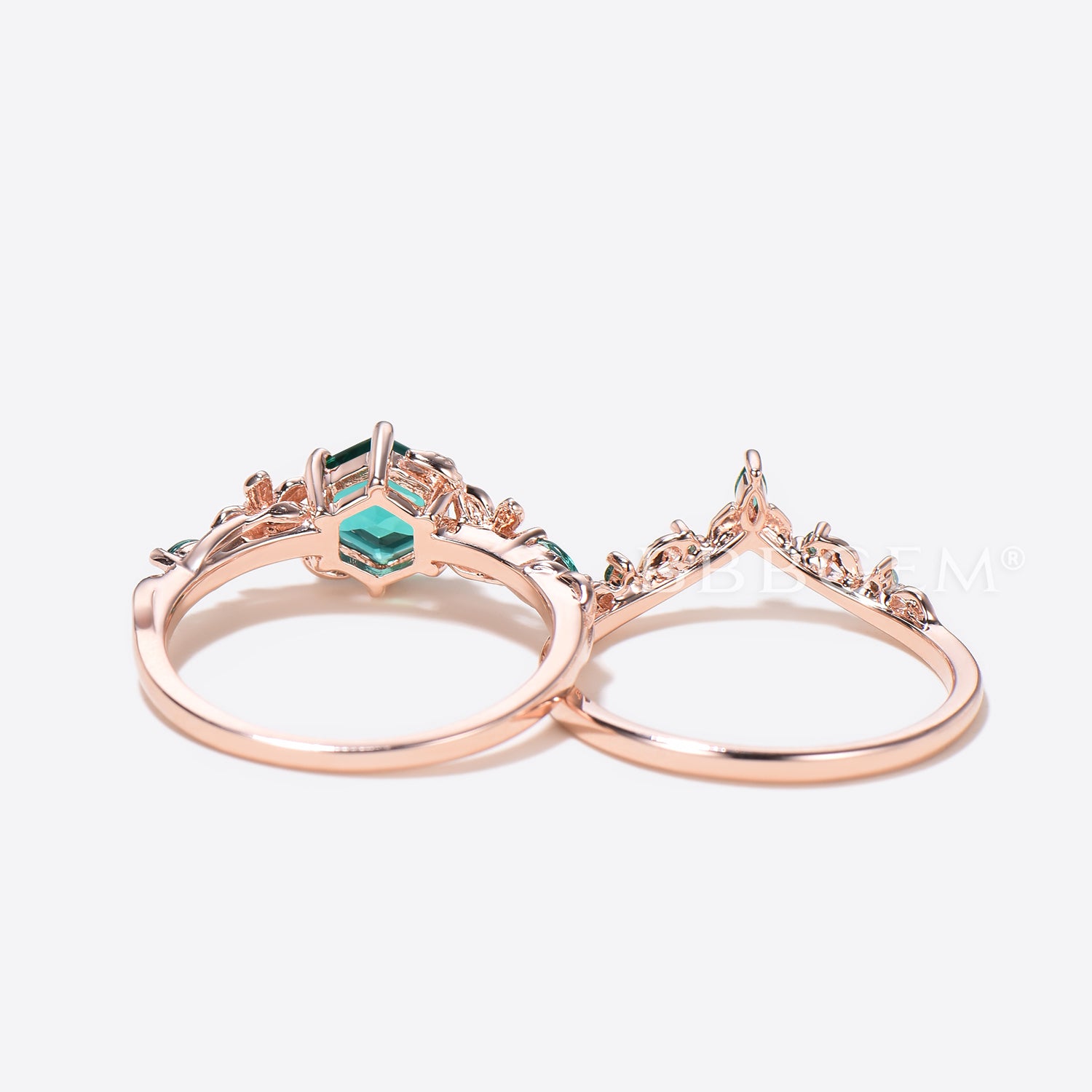 Hexagon Cut Emerald Engagement Ring in Rose Gold with Leaf Design - Floral Wedding Band for Brides, Anniversaries & Romantic Occasions