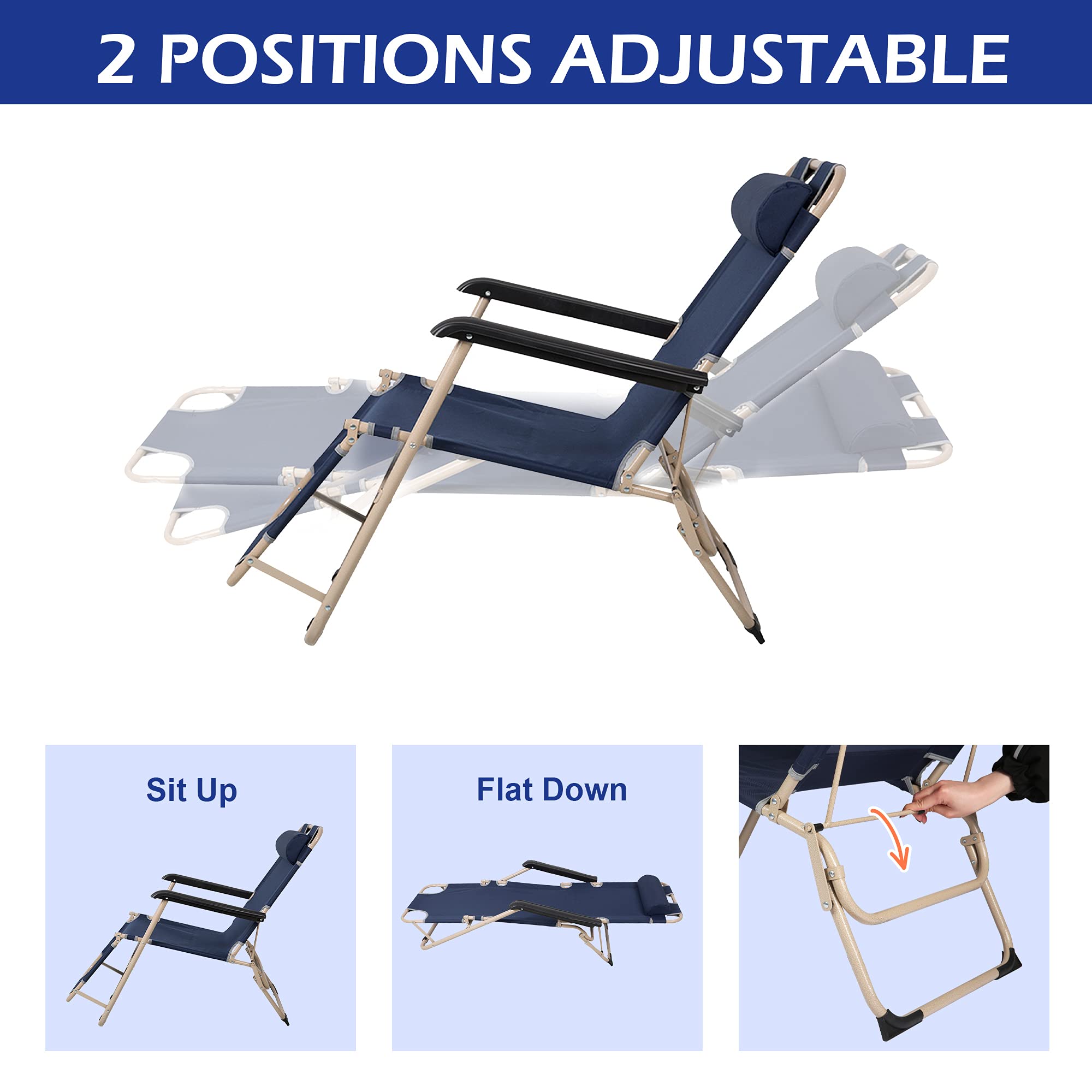 Premium 2-Pack Lightweight Folding Lounge Chairs - Adjustable Reclining Beach Chairs with Footrest & Removable Pillow, Portable for Outdoor, Patio, Poolside, Camping & Backyard Relaxation - Navy Blue