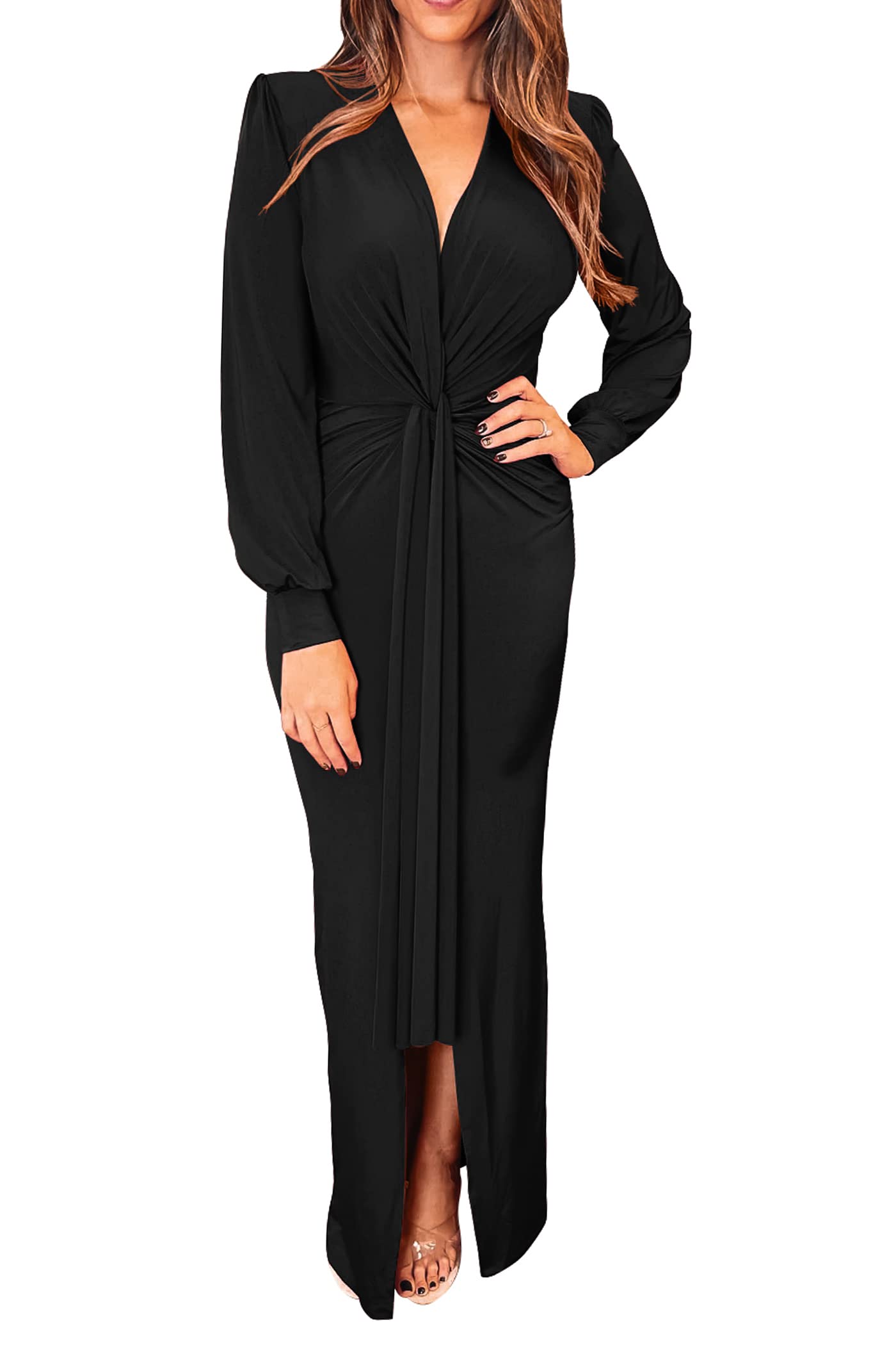 PRETTYGARDEN Women's Sexy V-Neck Long Sleeve Bodycon Maxi Dress with Twist Front & Thigh Slit - Elegant Cocktail & Evening Party Dress for Spring, Date Night, Club Wear & Special Occasions