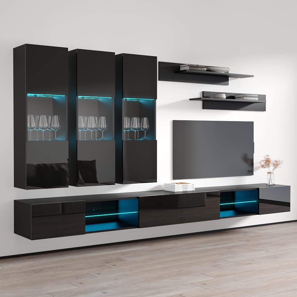 Modern Floating TV Stand with Storage & LED Lights - Wall-Mounted Entertainment Center for Bedroom & Living Room - Black E2 33TV Console with Shelves - Perfect for Small Spaces & Home Theater Setups