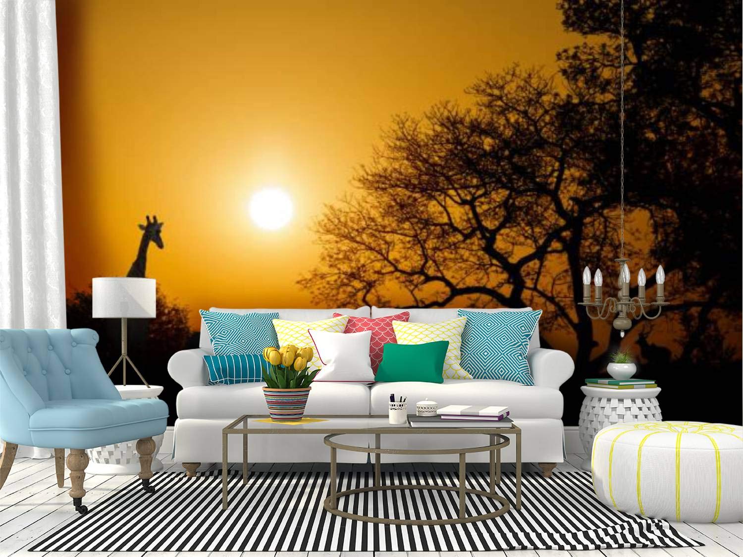 RECETHROWS African Sunset Silhouette Wall Mural - Peel and Stick Self-Adhesive Wallpaper, Large Removable Vinyl Wall Sticker for Home Decor (Copy Space Design) | Perfect for Living Room, Bedroom & Office Accent Walls