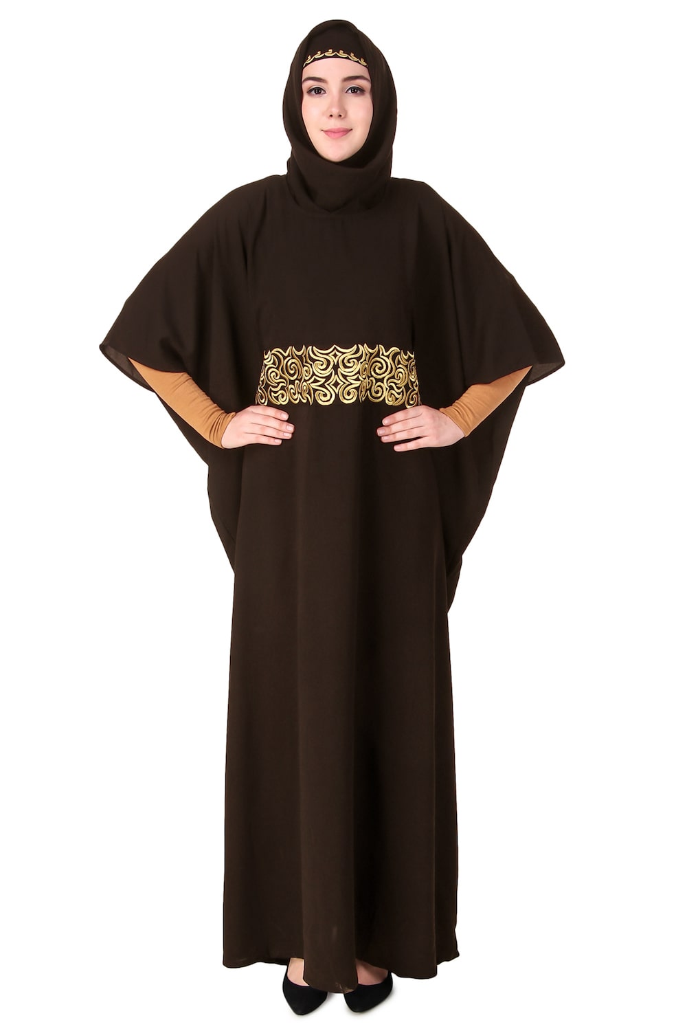 Handmade Gold Embroidered Waist Accent Kaftan Dress - Elegant Beach Cover Up & Boho Chic Homewear for Women