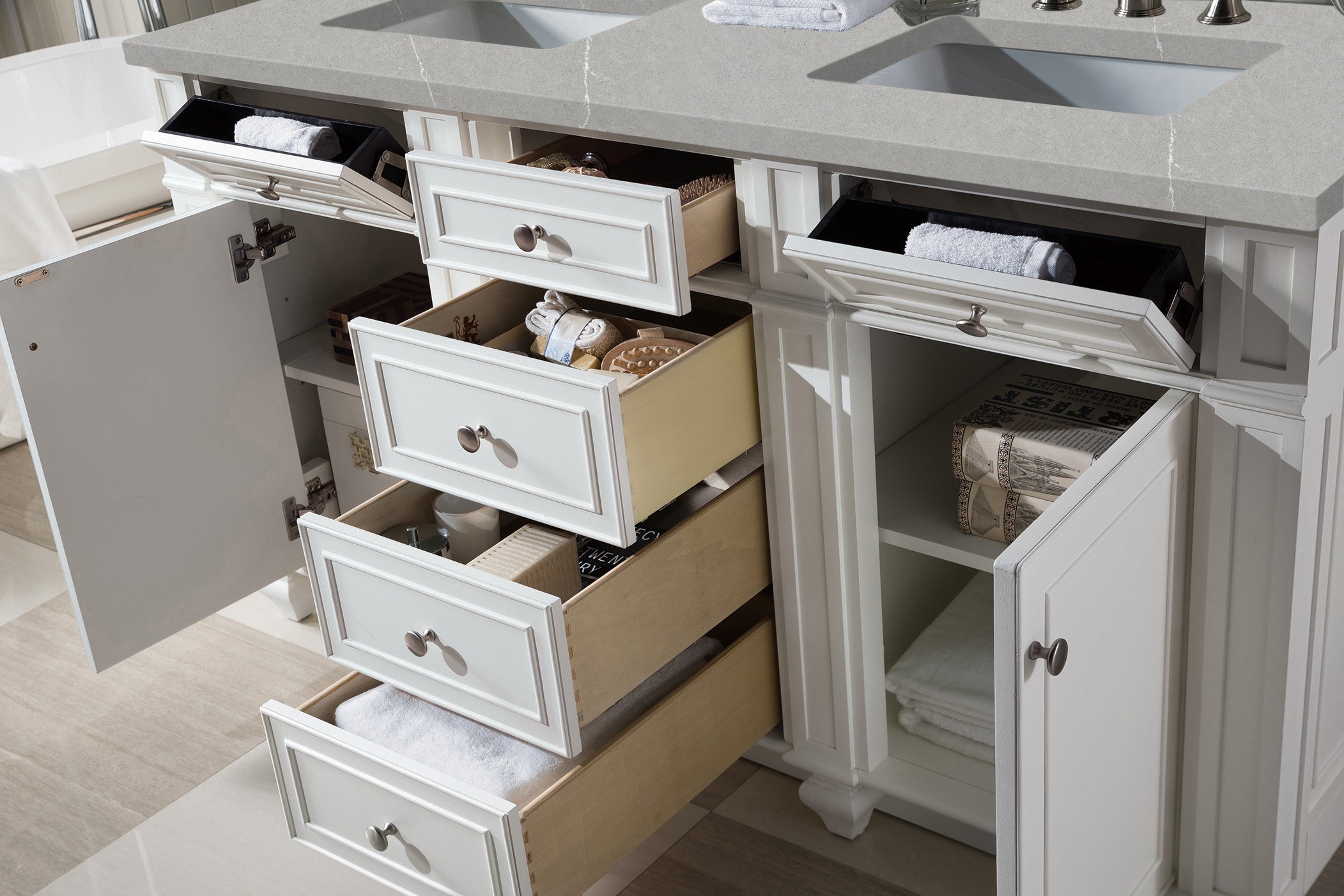 Bristol 60 Inch Double Bathroom Vanity with 3CM Eternal Serena Quartz Top in Bright White - Perfect for Master Bathroom, Guest Bath, or Modern Home Renovation