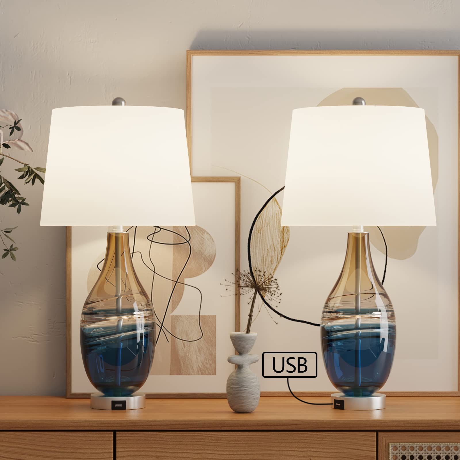 Modern Glass Table Lamps Set of 2 with USB Charging Port - 3-Way Dimmable Nightstand Lights for Bedroom & Living Room - ETL Certified Bedside Lamps with White Shade in Blue & Gold Finish - Perfect for Reading, Relaxing and Charging Devices