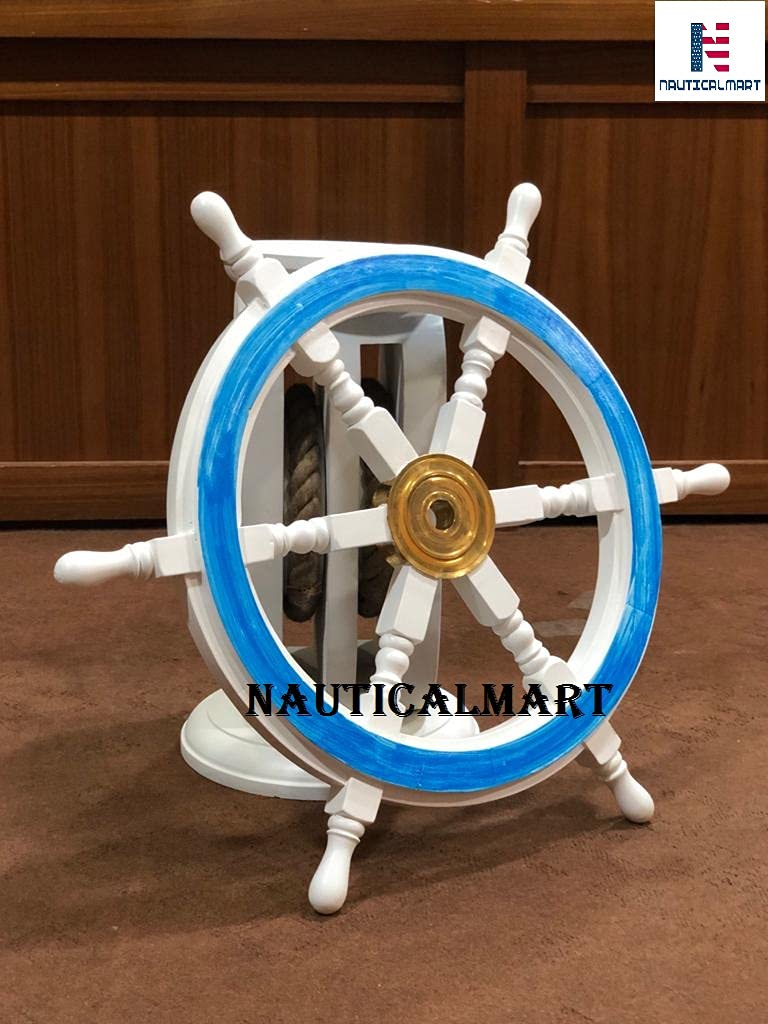 Distressed White Nautical Wooden Ship Wheel Coffee Table with Pulley Base - Rustic Coastal Home Decor for Living Room, Beach House, or Office