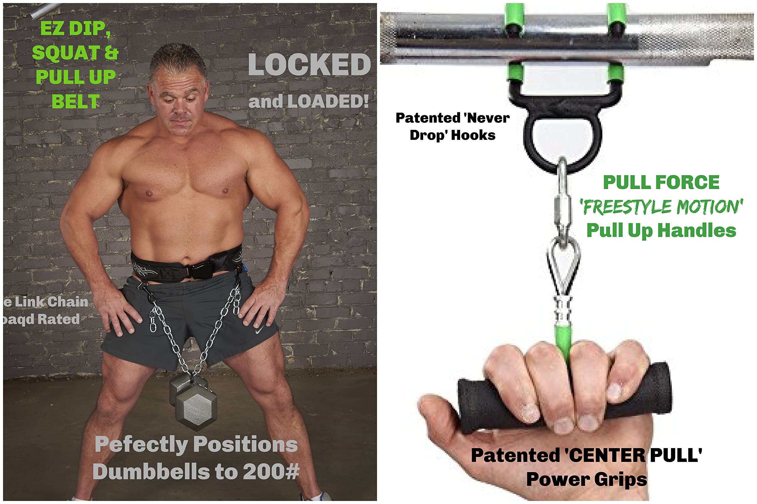 EZ DIP Pull Up Weight Belt with Rotating Handles & Dumbbell Hook - Heavy Duty 505# Dipping Belt for Strength Training - Perfect for Gym, CrossFit & Home Workouts - Belt Squat Attachment Included