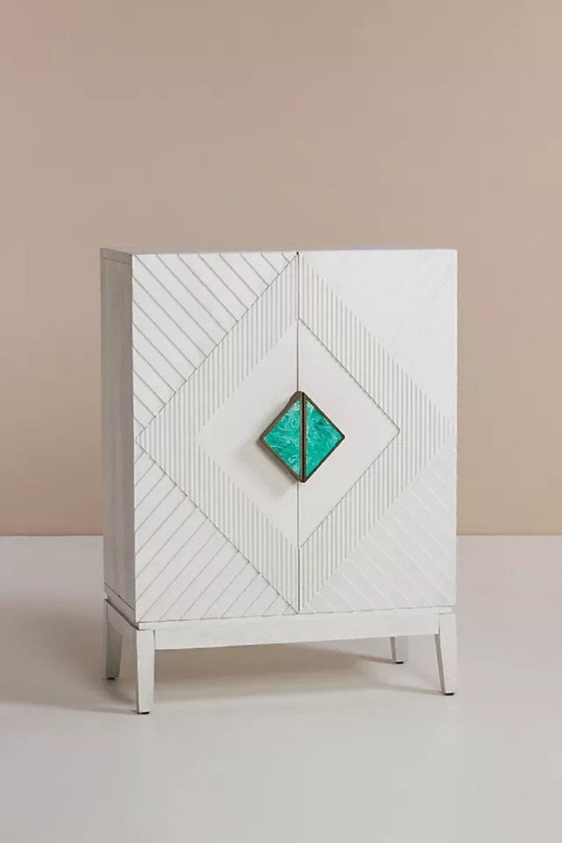 Hand Carved White Samuel Cabinet - Custom Indian Wooden Storage Unit with Drawers & Shelves | Perfect for Living Room, Bedroom & Home Office Organization