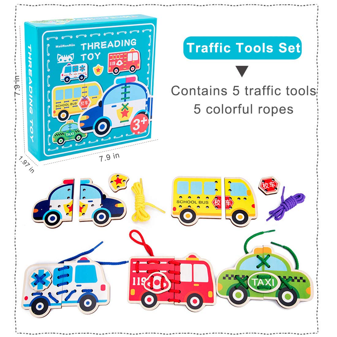 Promise Babe 5 Pack Wooden Lacing Cards - Montessori Threading Toys for Toddlers, Cars & Blocks Puzzle, Educational Preschool Learning Activity (Perfect for Fine Motor Skills Development & Early Childhood Education)