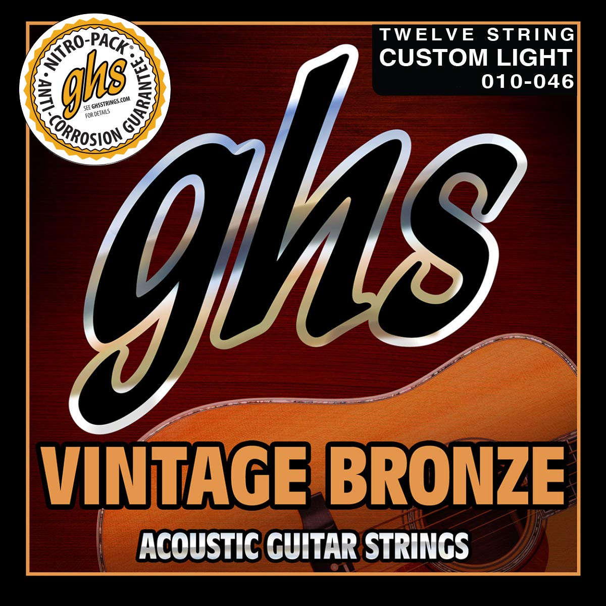 GHS Strings VN-12CL VINTAGE BRONZE Acoustic Guitar Strings 12-Pack, Custom Light Gauge (10-46) for Folk, Blues & Fingerstyle Playing