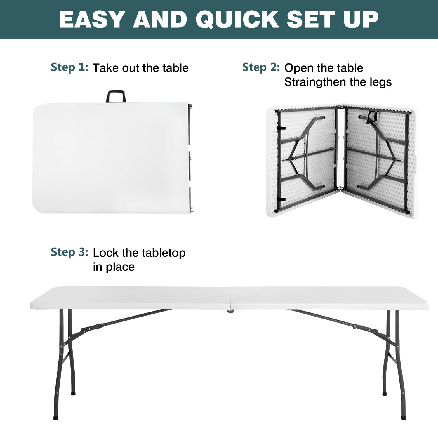 8 Foot Foldable Outdoor Dining Table - Portable Rectangular Plastic Folding Table with Built-in Handle for Parties, Weddings, Picnics & Backyard Gatherings - White
