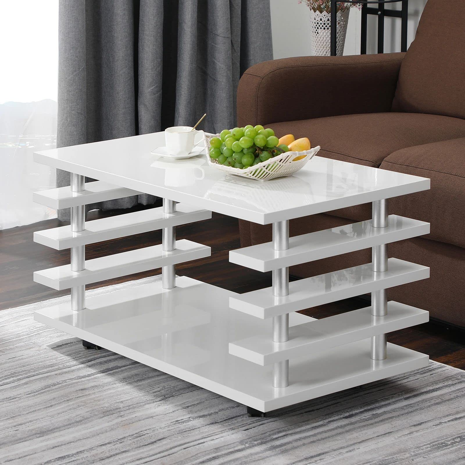 Remote Control LED Mobile Coffee Table with 4 Wheels - Adjustable Rolling Side Table for Living Room, Hotel & Cafe - Easy Assembly Marble Finish (Perfect for Movie Nights, Bedside Use & Office Spaces)