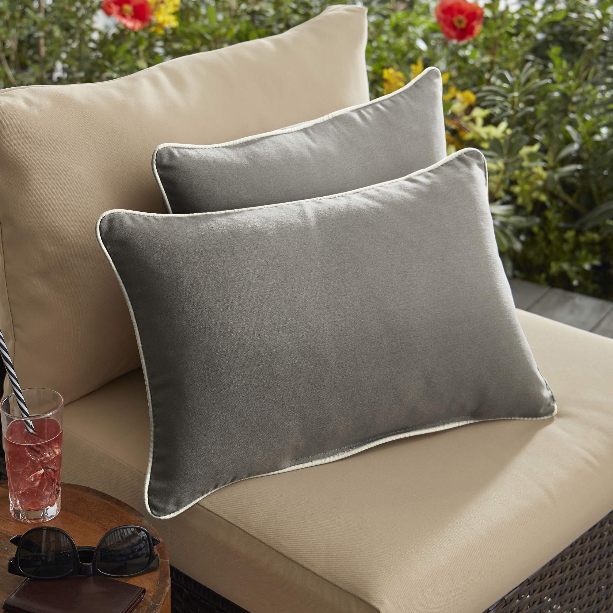 Set of 2 Charcoal Gray & Natural Beige 13x20 Outdoor Lumbar Pillows - Perfect for Patio, Deck, and Garden Furniture