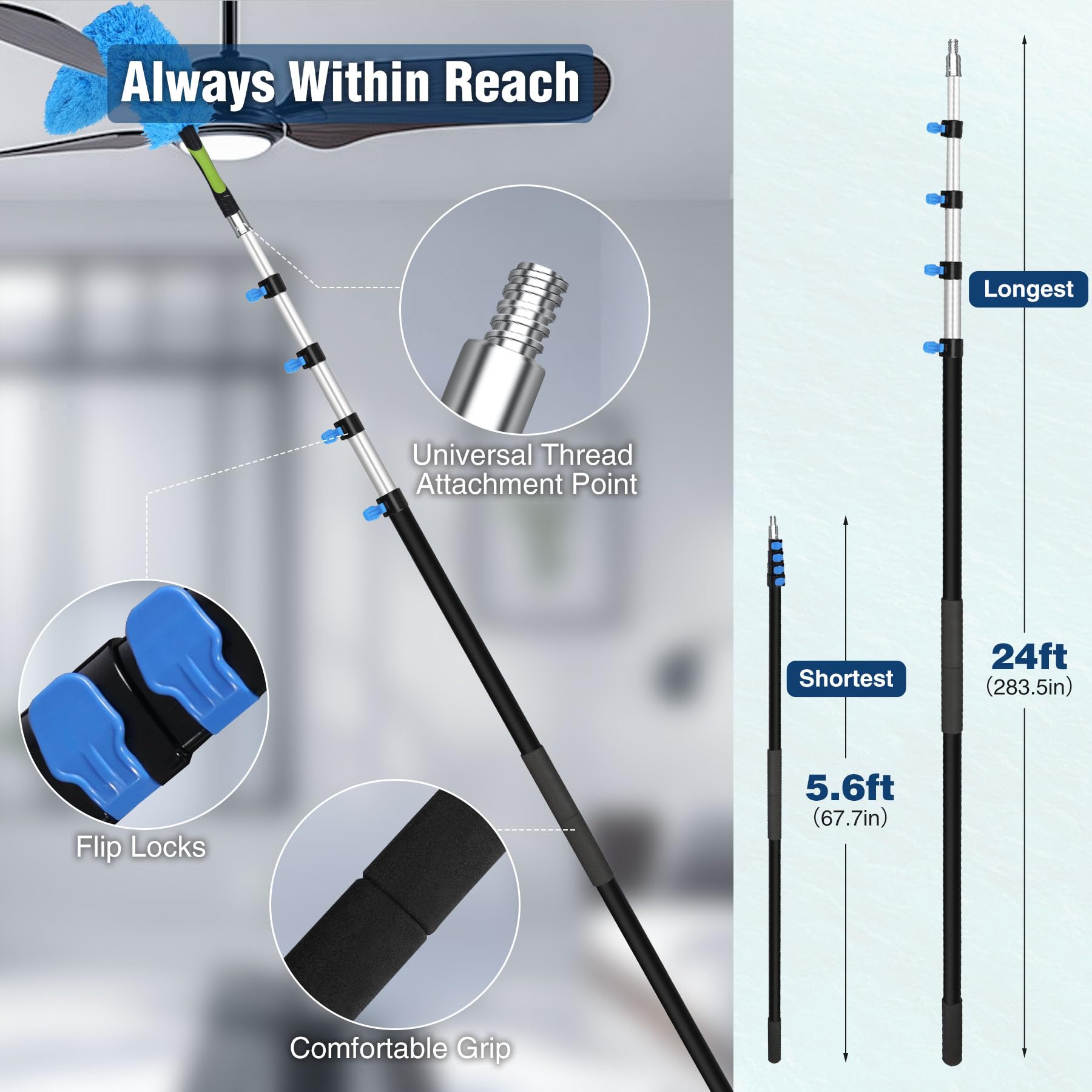 Lineslife 8-24ft Telescoping Extension Pole - Lightweight Aluminum Alloy Paint Roller Pole for High Ceilings, Window Cleaning, Dusting & Home Maintenance (Pole Only) - Perfect for DIY Projects, Hard-to-Reach Areas & Professional Use