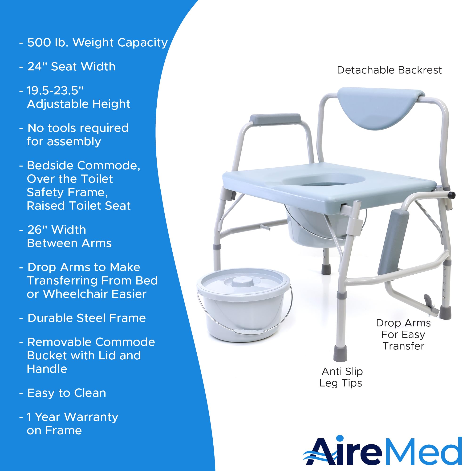 AireMed Heavy Duty Bariatric Commode with Drop Arm - 3-in-1 Adjustable Height Bedside Toilet (500lb Capacity) - Includes Extra Commode Bucket & Lid, Raised Toilet Seat & Safety Rails - Ideal for Elderly Care, Post-Surgery Recovery & Home Healthcare Use