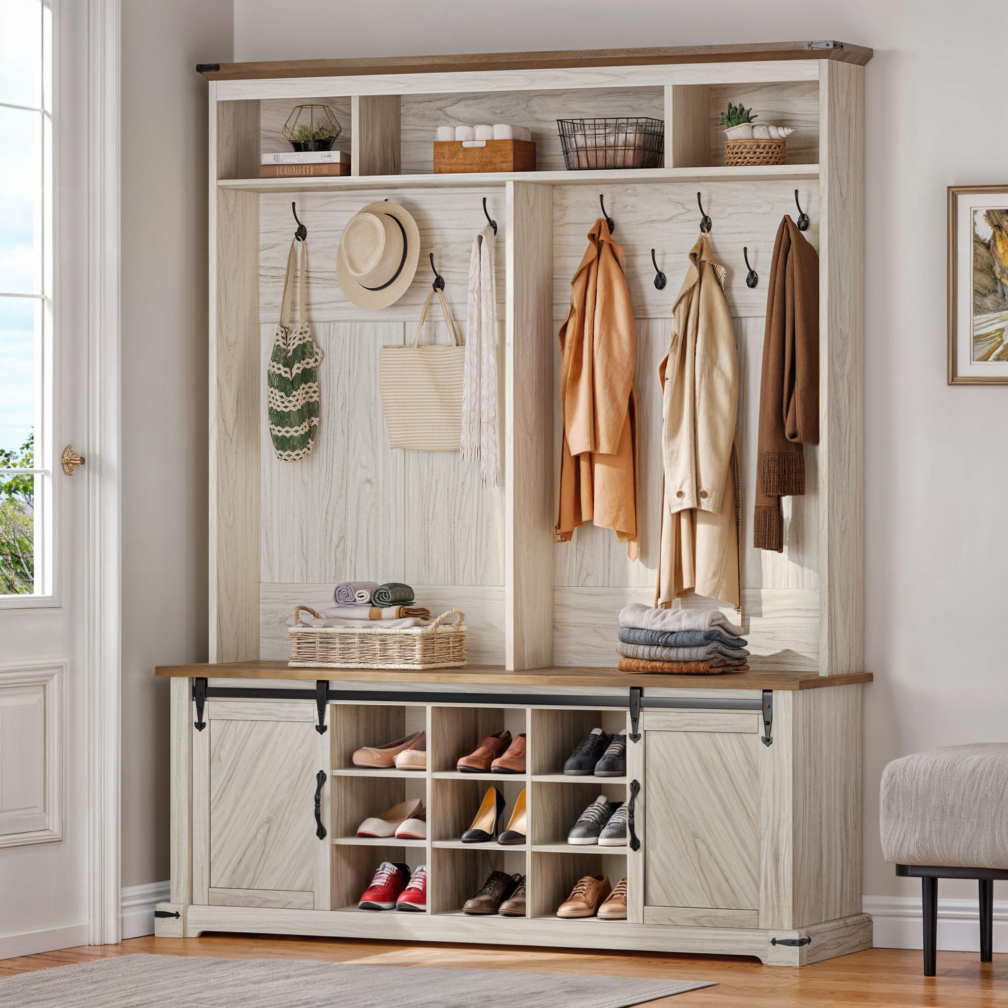 YITAHOME Farmhouse Entryway Bench with Coat Rack, Shoe Storage & 10 Hooks - Rustic Hall Tree Organizer with Sliding Barn Doors & 13 Shoe Compartments - Perfect for Mudroom, Foyer & Small Space Entryway Organization