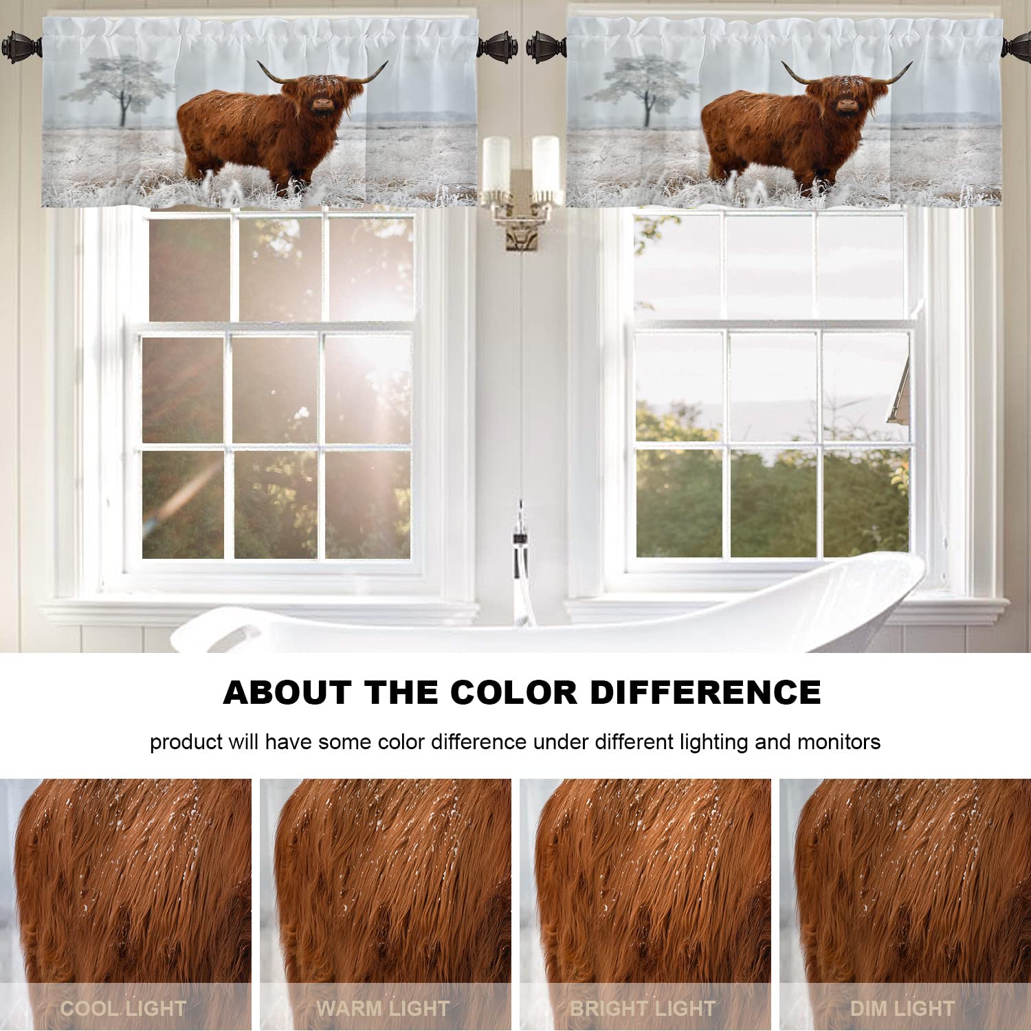Scottish Highland Cow Blackout Window Valances Curtains - Farmhouse Kitchen & Bedroom Decor for Sun Protection & Privacy