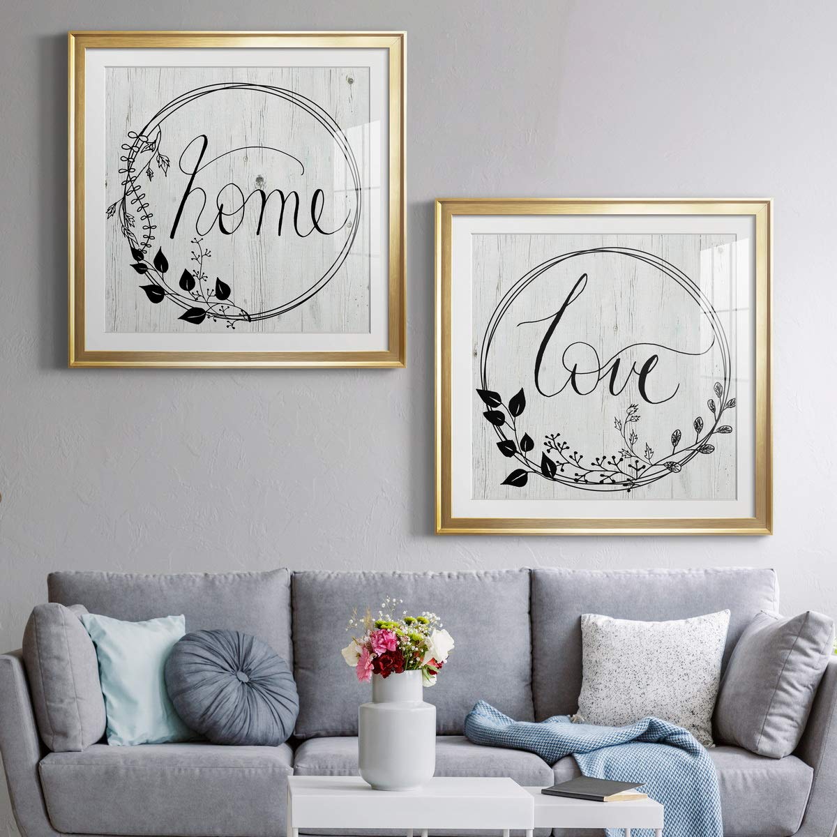 Floral Wall Art Print - Classic Geometric Abstract Transitional & Country Chic Decor - 26x26 Inch Gold Framed with Matte Board & Acrylic Glass - Perfect for Living Room, Bedroom or Office Wall Decor