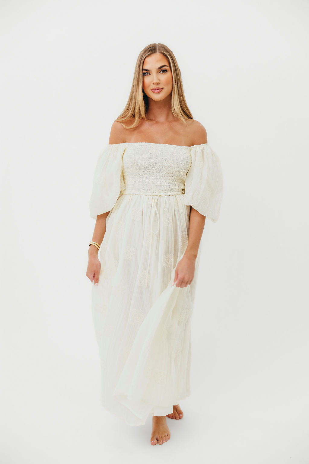 Aimee Women's Smocked Embroidered Floral Midi Dress in Ivory - Elegant Summer Party, Wedding Guest & Church Occasion Outfit