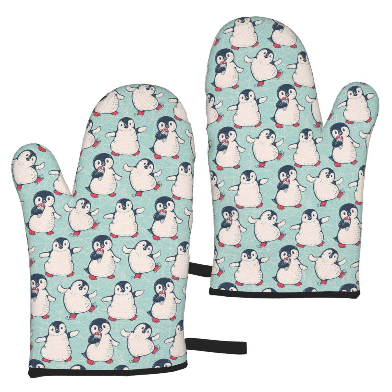 Heat Resistant Oven Mitts Set of 2 - Non-Slip Penguin Design Kitchen Gloves for Baking, Grilling & Cooking - Perfect for Holiday Baking & BBQ Parties