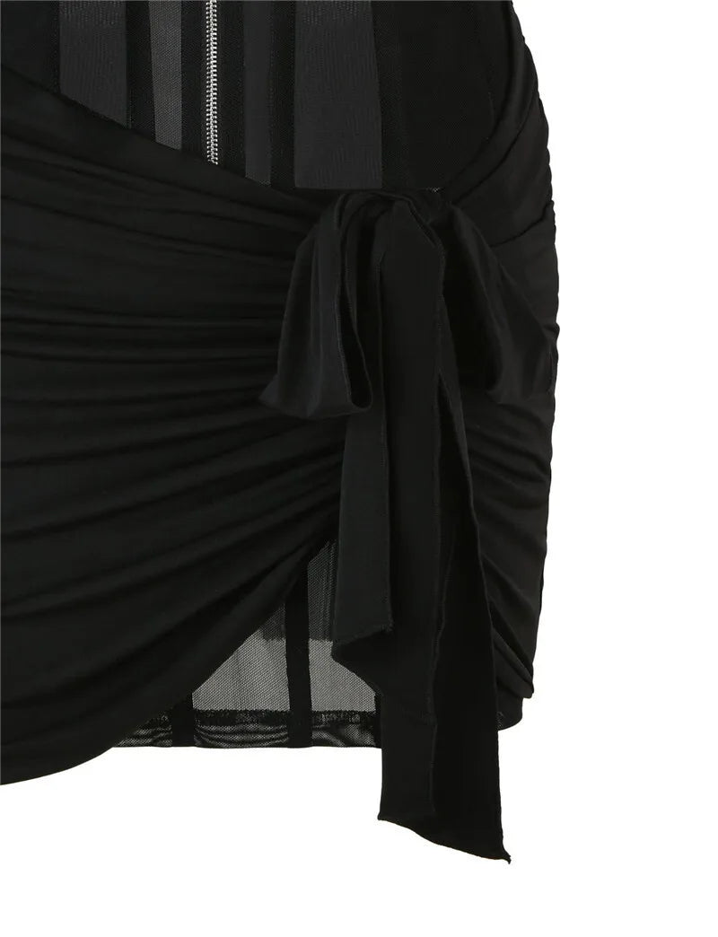Sexy Black See-Through Mesh Ruched Mini Dress for Women - Sleeveless Bodycon Club Dress with Zipper Detail | Perfect for Night Out, Party & Summer Events