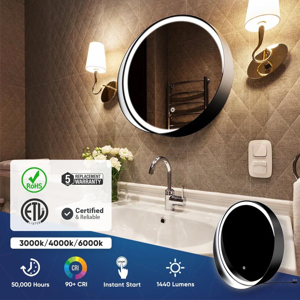 24 Inch Round LED Bathroom Vanity Mirror with Adjustable CCT (3000K/4000K/6000K) - Black Frame, 1440 Lumens, Touch Switch & Defogger - Perfect for Makeup, Shaving & Home Decor - High CRI 90+ Lighting