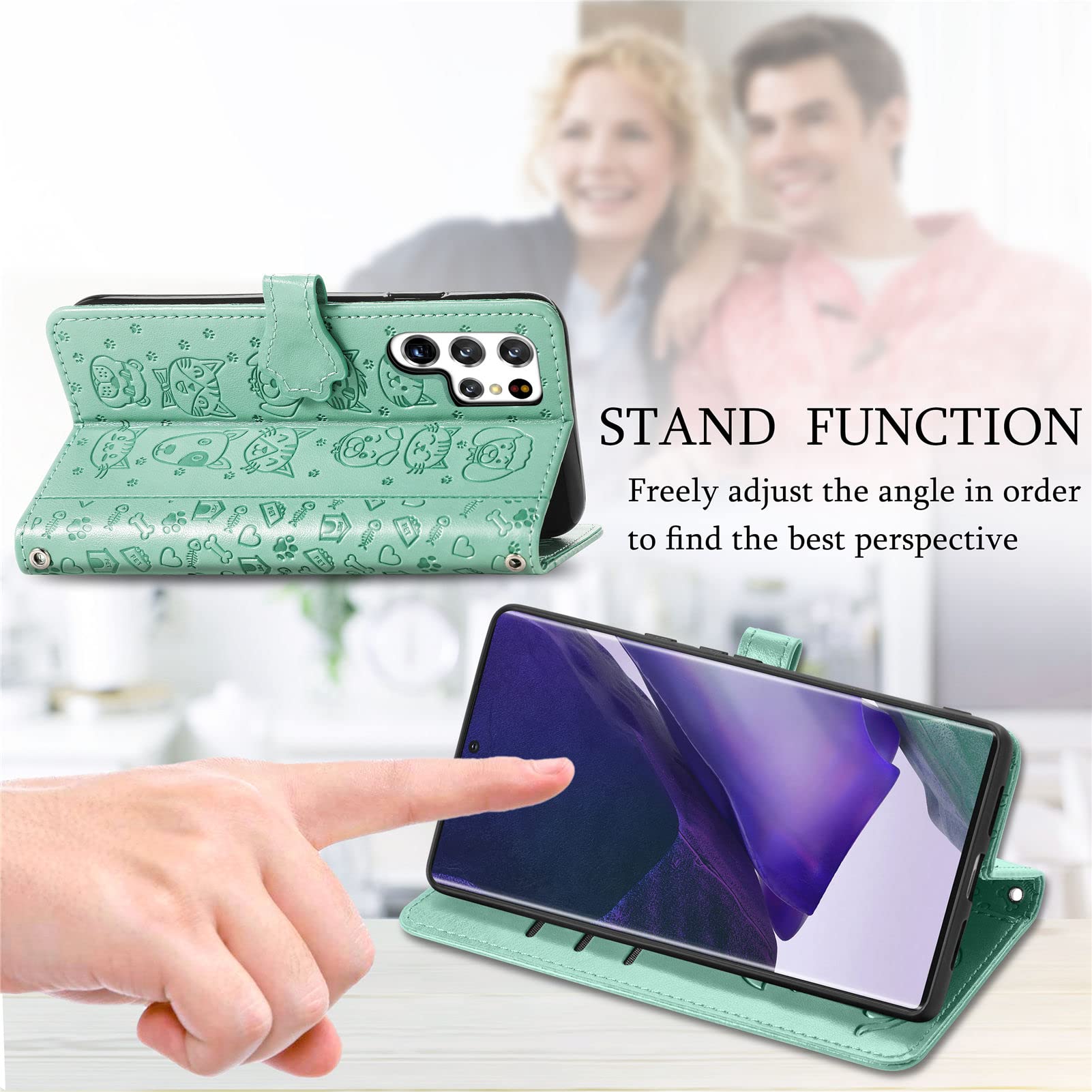 Cute Cartoon Wallet Case for Samsung Galaxy S22 Ultra - Cat & Dog Design Flip Cover with ID Card Holder, PU Leather Protective Phone Case (MG Green) | Perfect for Daily Use, Travel & Hands-Free Convenience