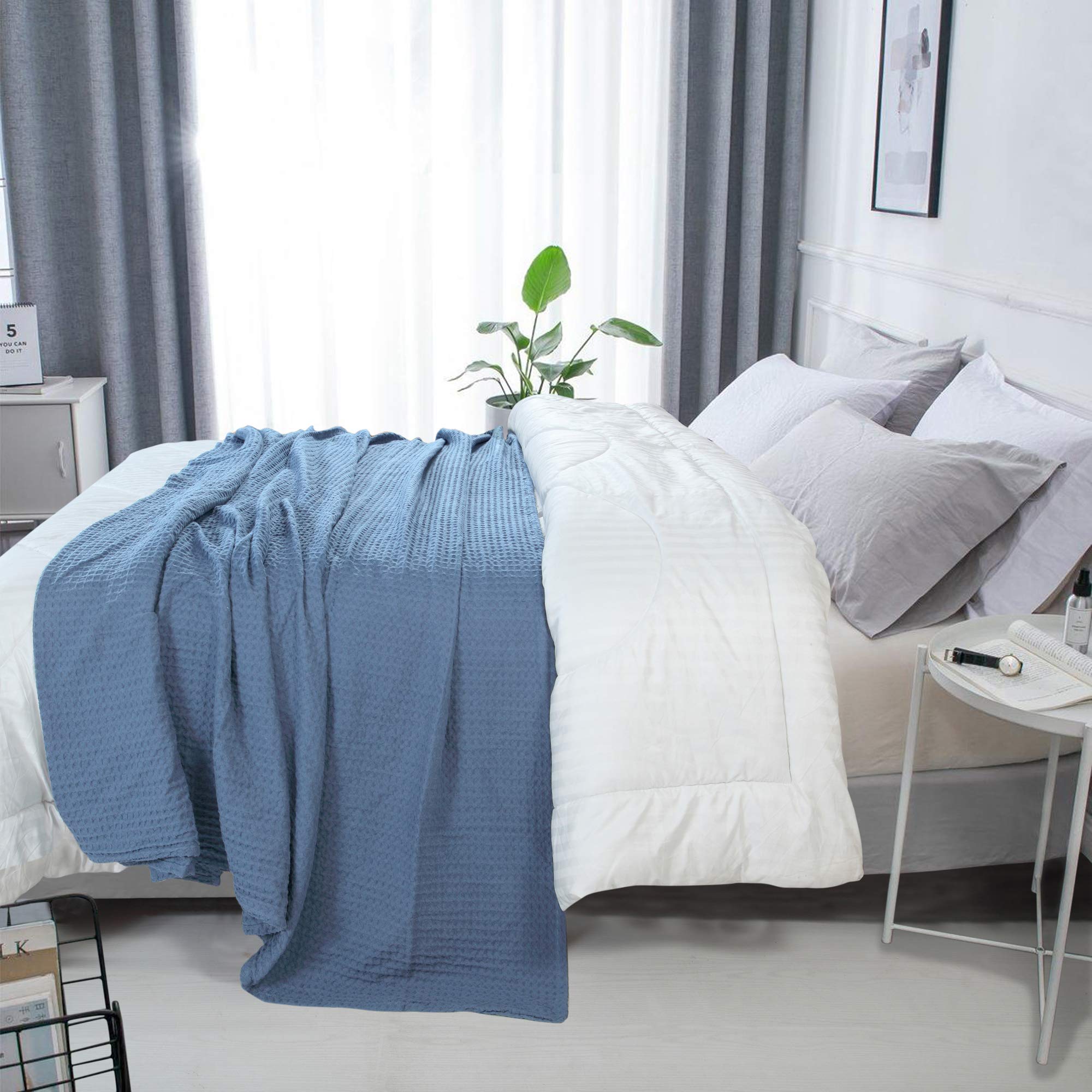 HILLFAIR 100% Combed Cotton Queen Size Blanket – Soft, Breathable, Lightweight All-Season Bed Blanket – Waffle Weave Home Decor – Blue Queen Bed Cover for Cozy Sleep & Stylish Bedroom Decor