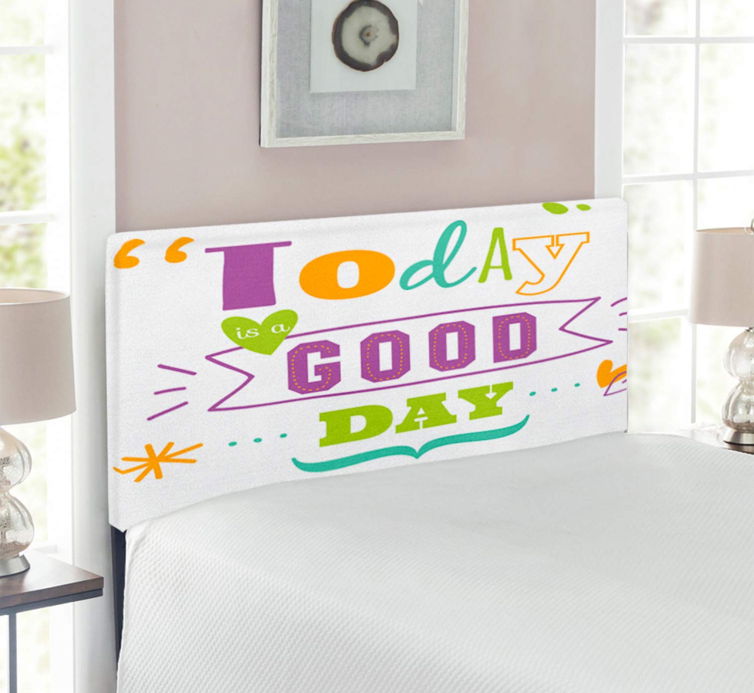 Ambesonne Upholstered Decorative Metal Headboard with Memory Foam - Twin Size Multicolor Word Print for Bedroom (Today is a Day Happiness Happy Moments Work Success) - Perfect for Modern Home Decor, Guest Rooms & Cozy Bedroom Makeovers