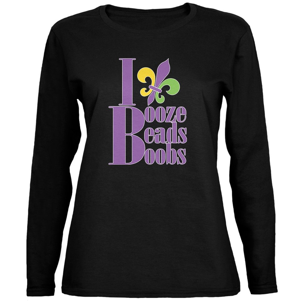 Old Glory Mardi Gras Beaded Party T-Shirt for Women - Black Long Sleeve Novelty Top with Fun Bead Details | Perfect for Carnival Celebrations, Costume Parties & Festive Events