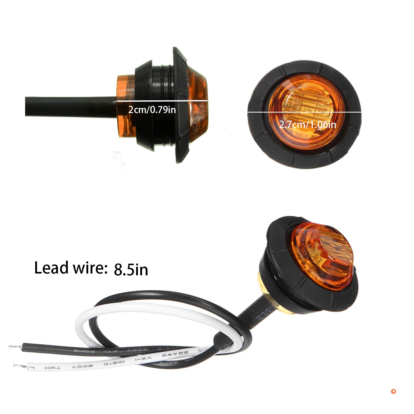 10-Piece 3/4 Inch Amber LED Marker Lights - Waterproof Trailer & RV Lights with Turn Signal Function - Ideal for Trucks, Trailers, RVs, Buses & Vans - Perfect for Night Driving and Safety Visibility