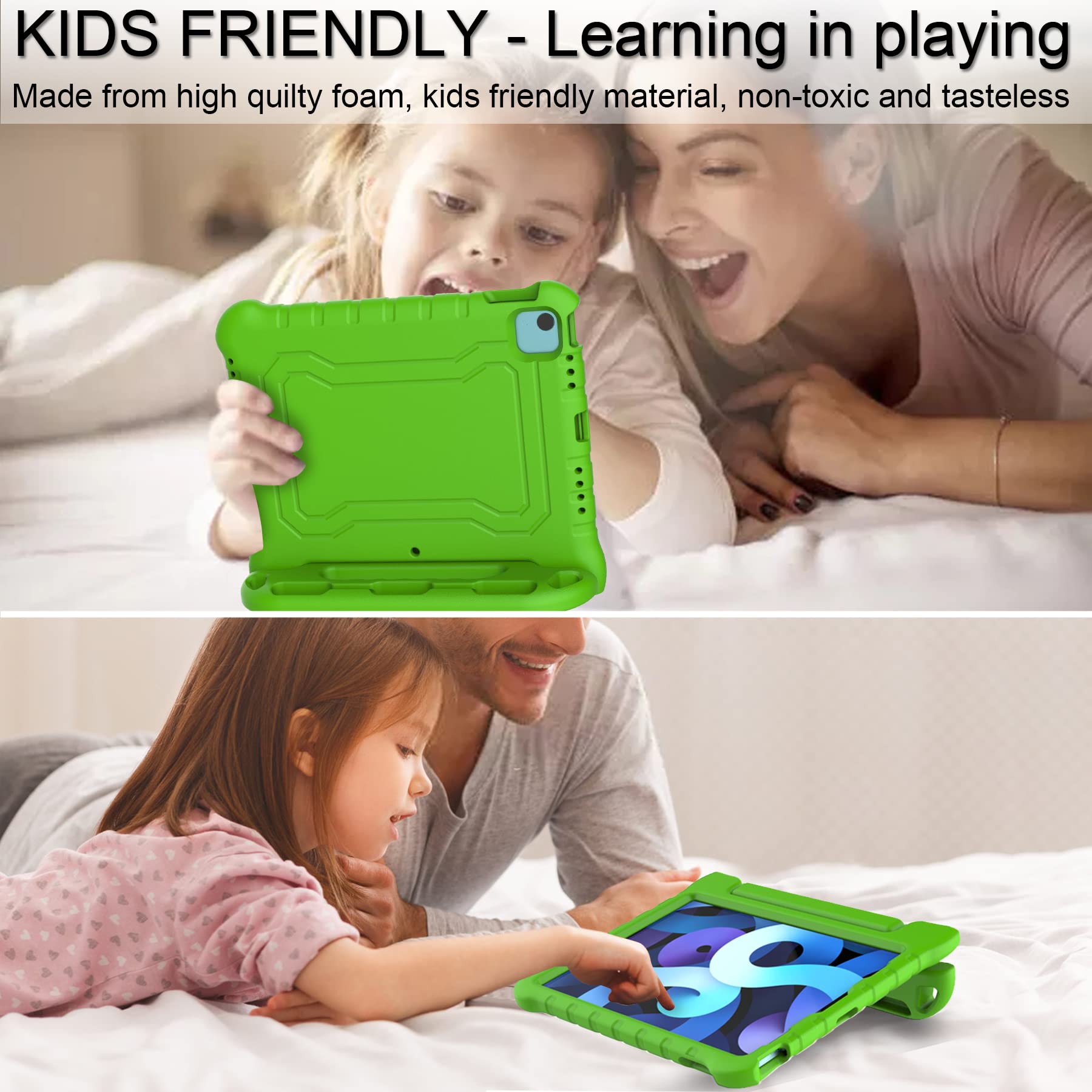 Shockproof Kids iPad Air 5th/4th Gen Case (10.9 inch 2022/2020) & iPad Pro 11 Case (2021/2020/2018) with Screen Protector & Pencil Holder - Green Protective Cover with Handle Stand for School, Travel & Home Use