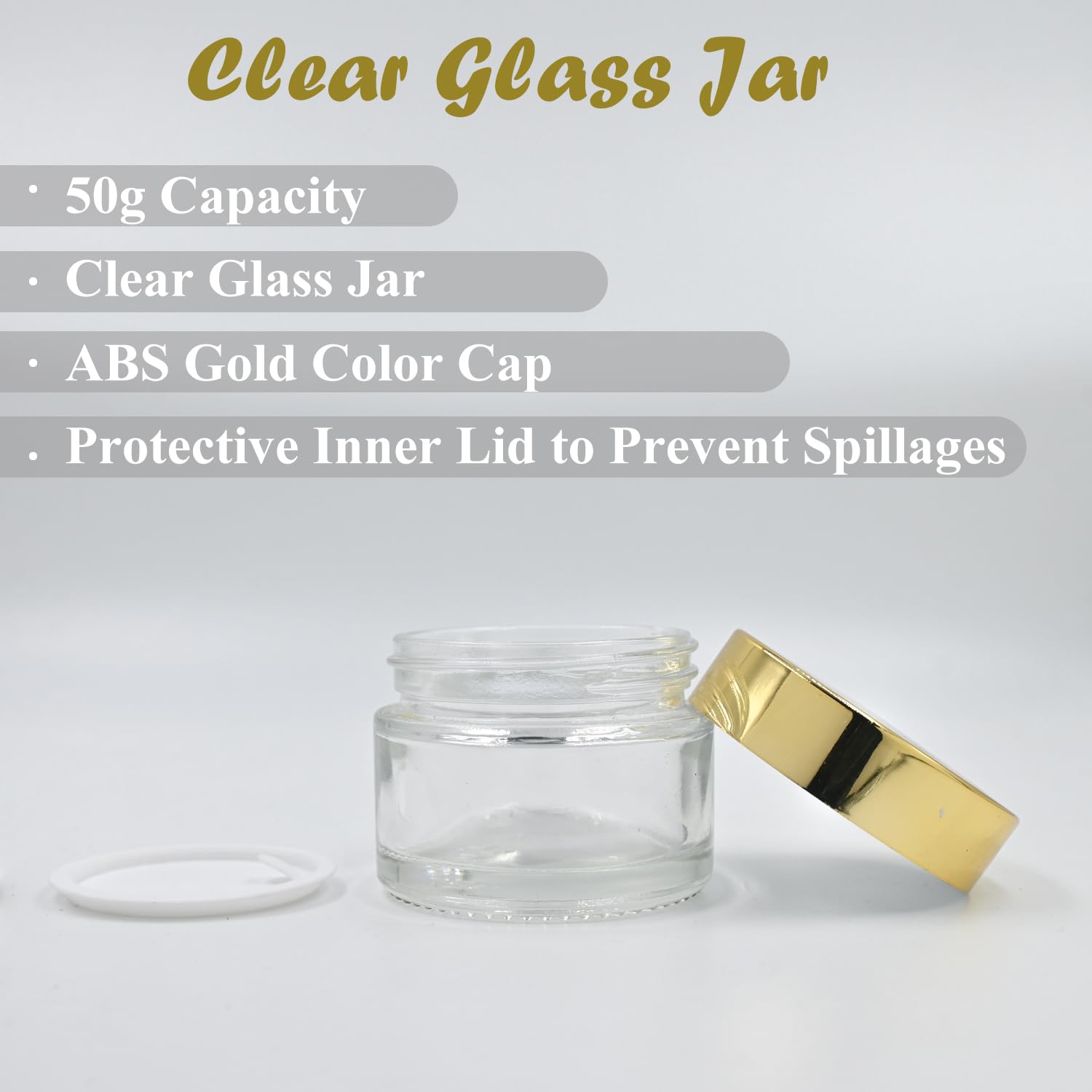50ml Clear Round Empty Glass Cosmetic Jars with Gold Cap & White Lids - 3 Pack | For Creams, Balms, Face Scrubs & Body Lotions | Perfect for DIY Skincare, Travel Size Products & Gift Packaging