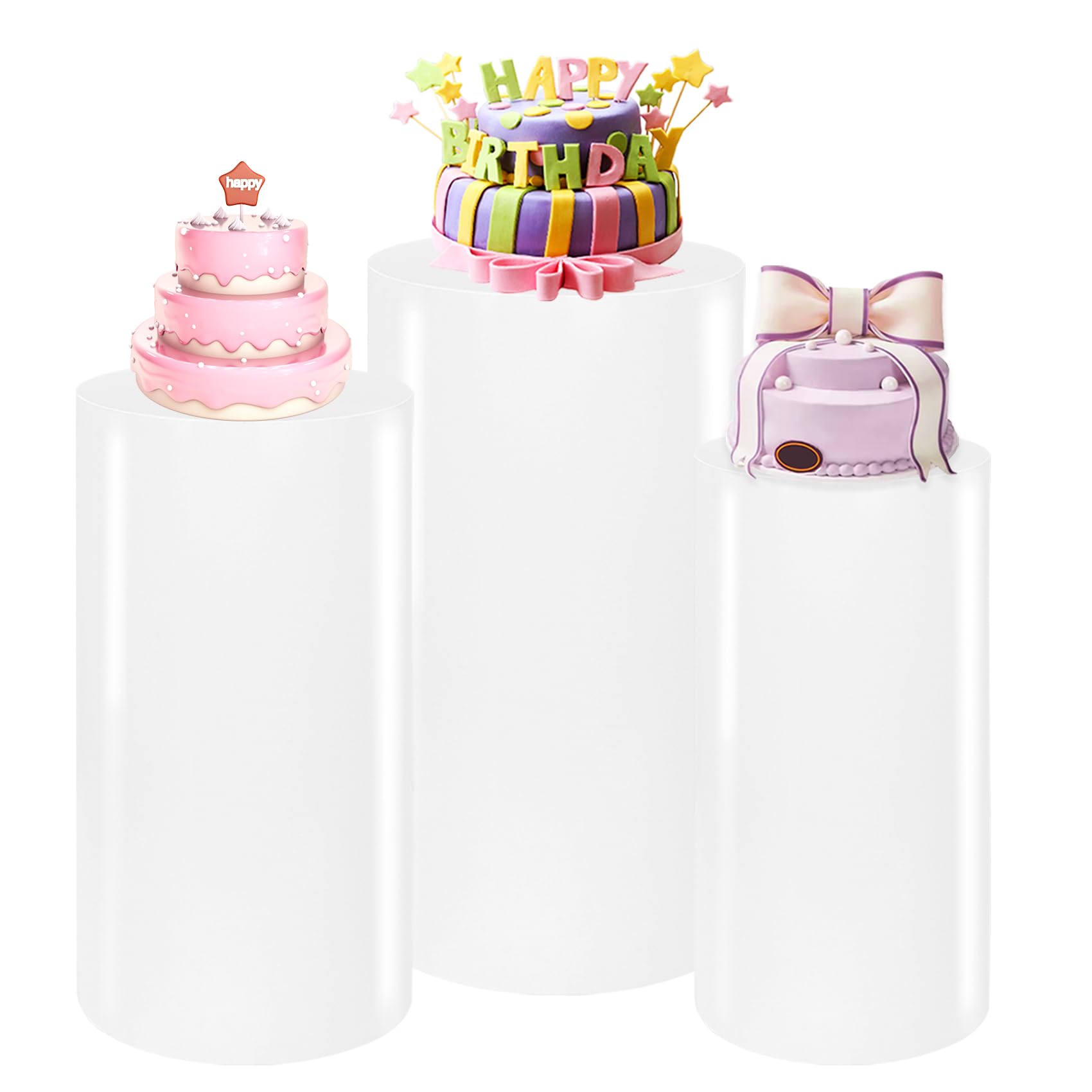 3PCS White Metal Cylinder Pedestal Stands - Round Dessert Table Display Pillars for Birthday, Wedding, Bridal & Baby Shower Decorations | Perfect for Cake Displays, Cupcake Towers, Floral Arrangements & Party Centerpieces (Small Size)