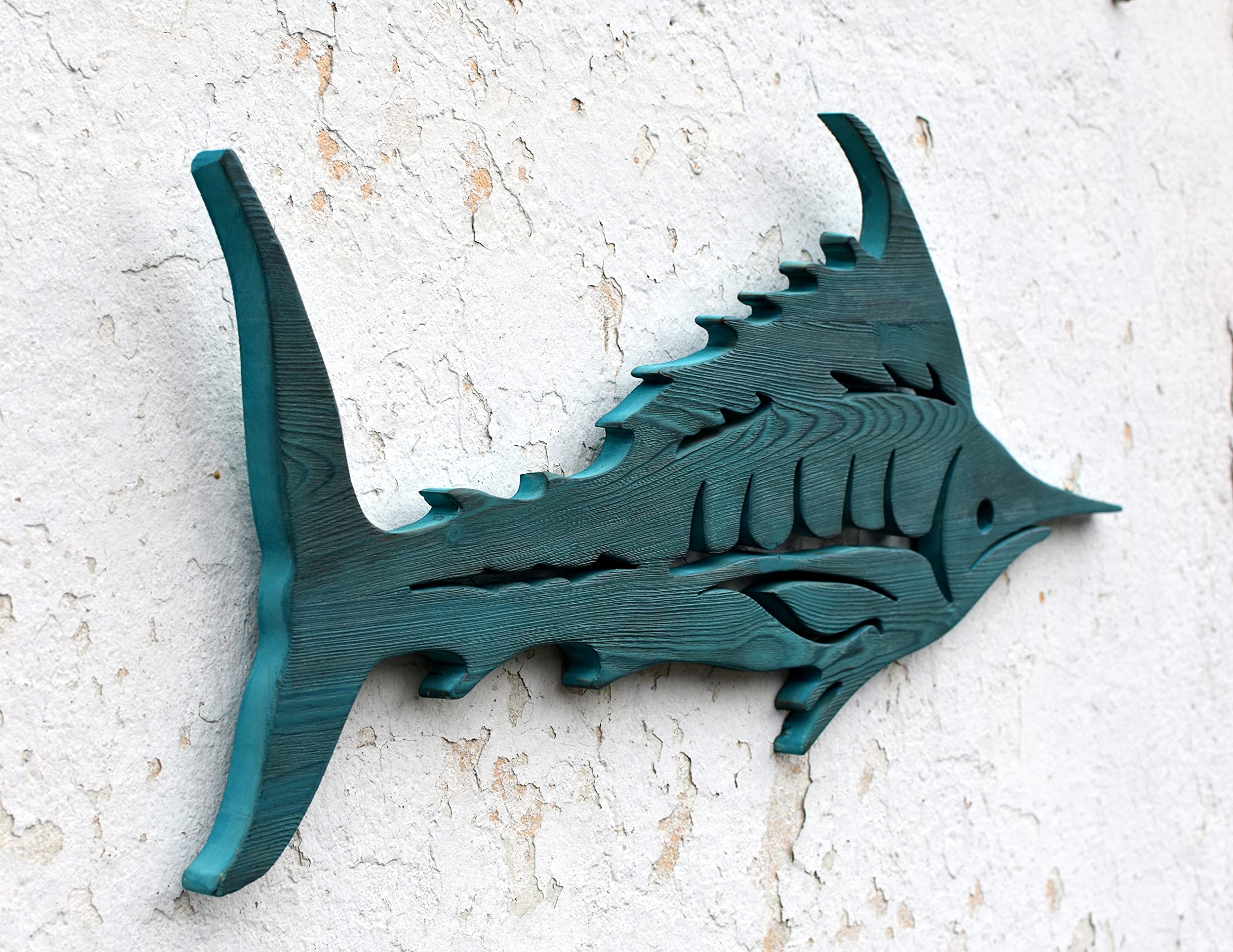 Hand Carved Wooden Marlin Wall Art - Blue Coastal Fish Sculpture Decor for Beach House, Nautical Theme & Ocean Inspired Home Decor
