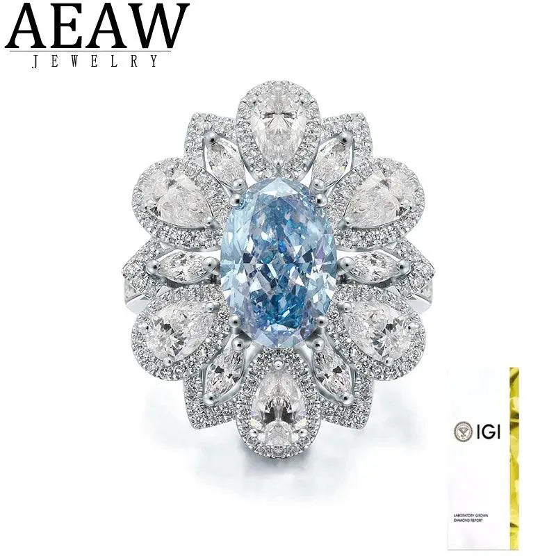 IGI Certified 14k Gold 3.19CT Fancy Intense Greenish Blue CVD Lab Grown Diamond Flower Shape Oval Cut Ring for Women - Perfect for Engagement, Anniversary & Special Occasion Jewelry