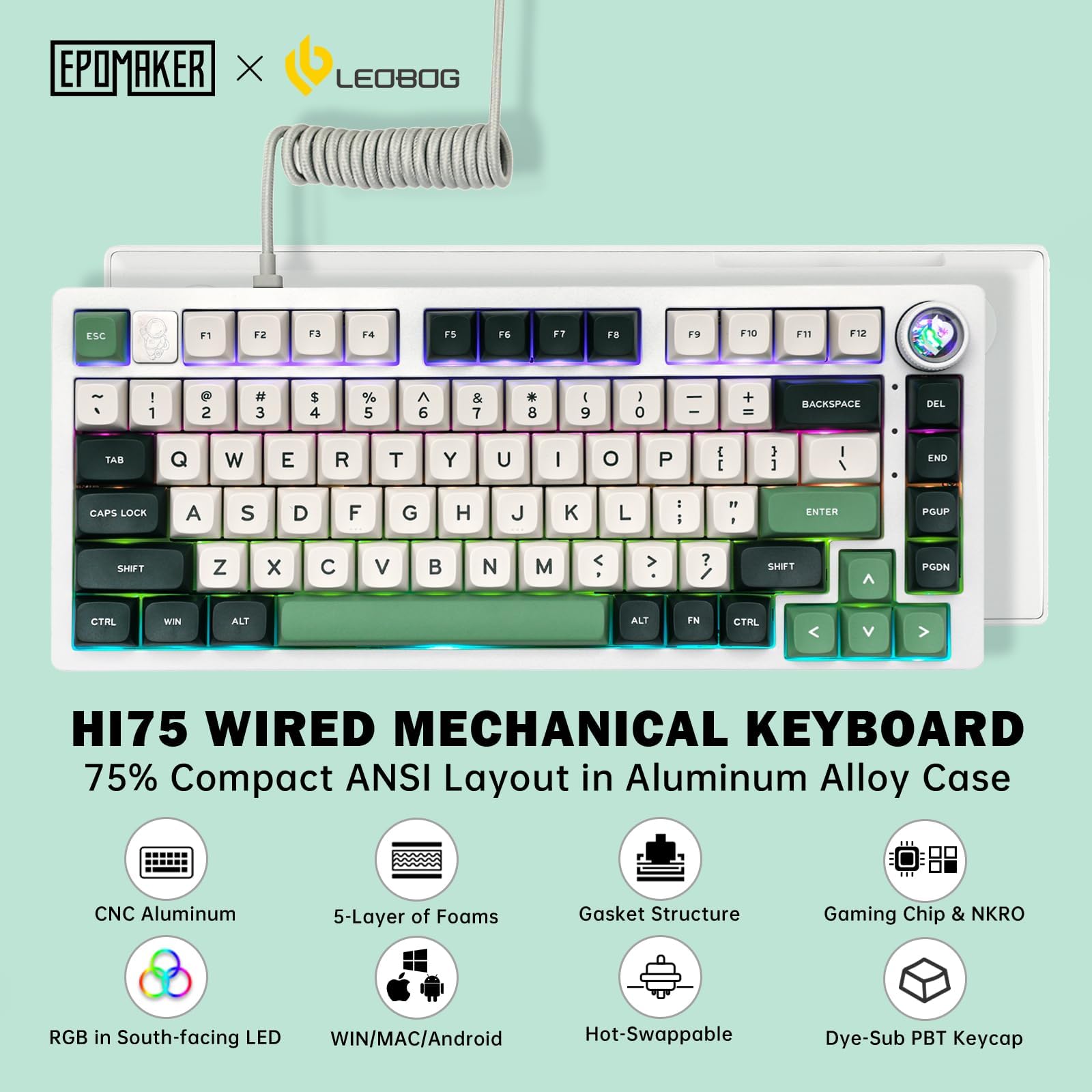 EPOMAKER x LEOBOG Hi75 Wired Mechanical Gaming Keyboard - Aluminum Alloy Frame, Programmable Gasket-Mount Design, Hot-Swappable Switches, NKRO, RGB Backlit (White Green) - Perfect for Esports, Typing & Office Work